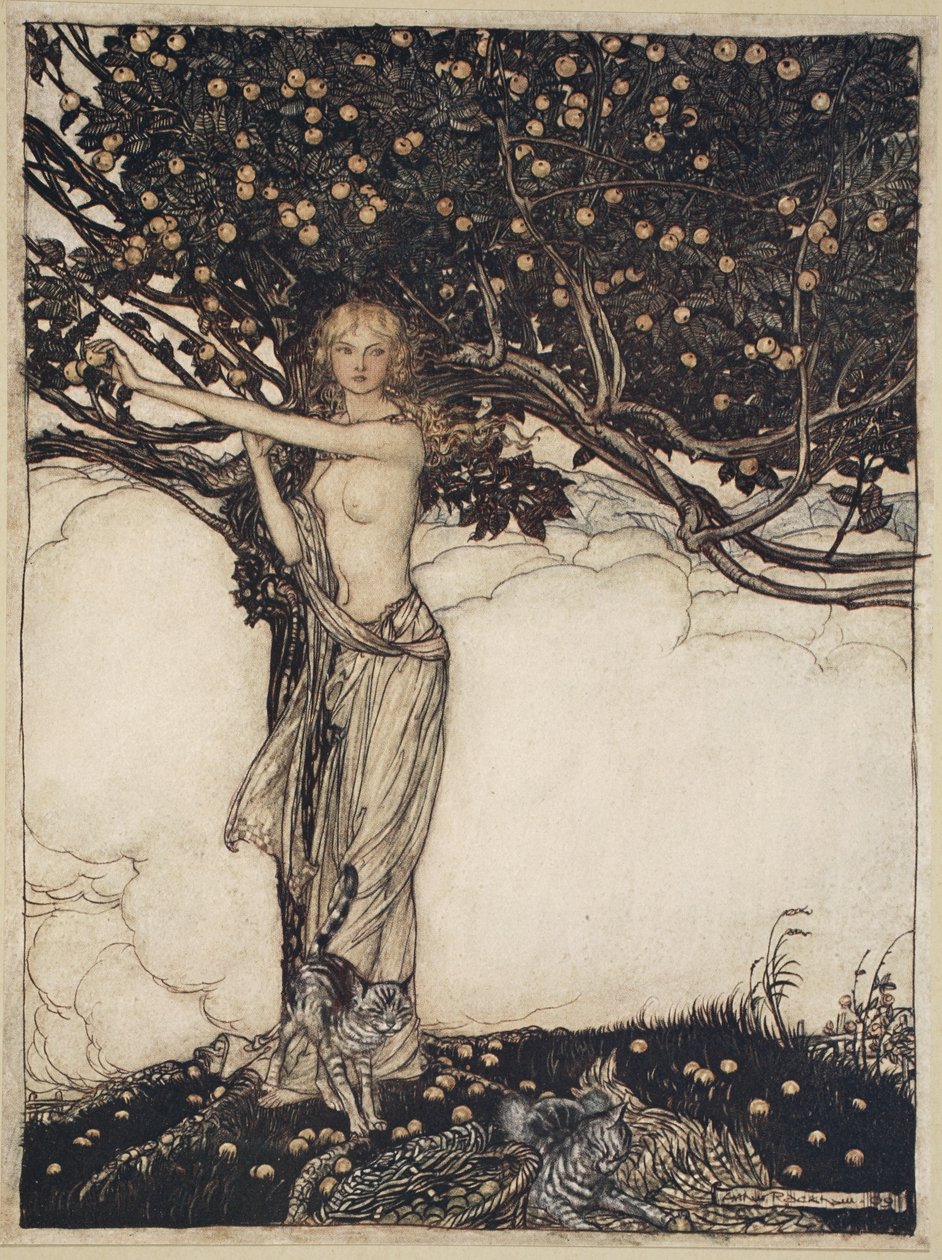 Freia, kaunis, kuvitus teoksesta The Rhinegold and the Valkyrie tekijältä Arthur Rackham