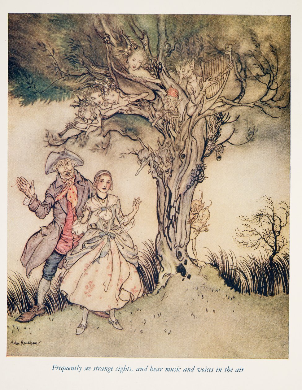 Näkee usein outoja näkyjä ja kuulee musiikkia ja ääniä ilmassa .. teoksesta The Legend of Sleepy Hollow, kirjoittanut Washngton Irving (1783 - 1859), kustantamo. 1928 tekijältä Arthur Rackham