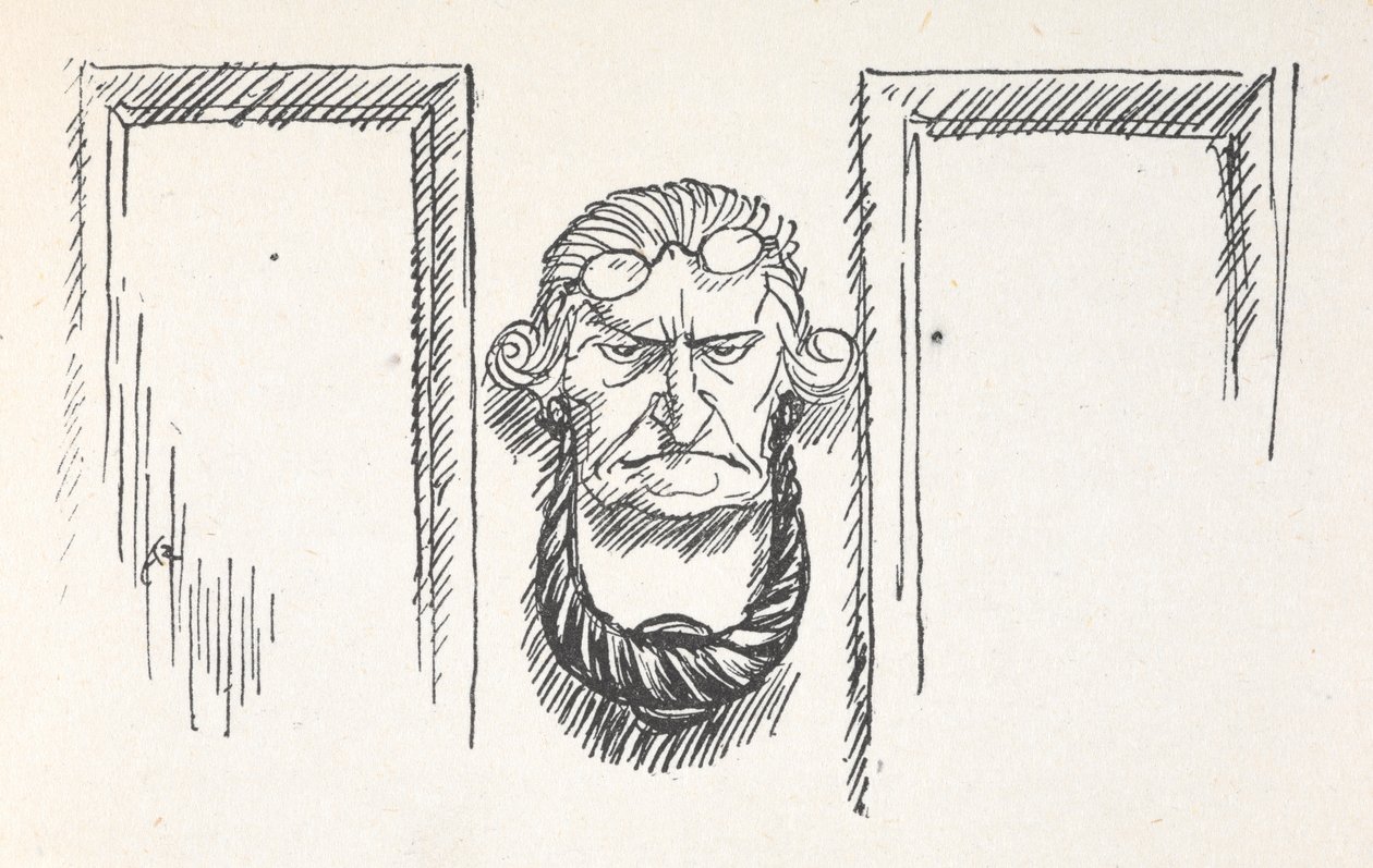 Etuoven kolkutin Scroogen kasvoilla tekijältä Arthur Rackham