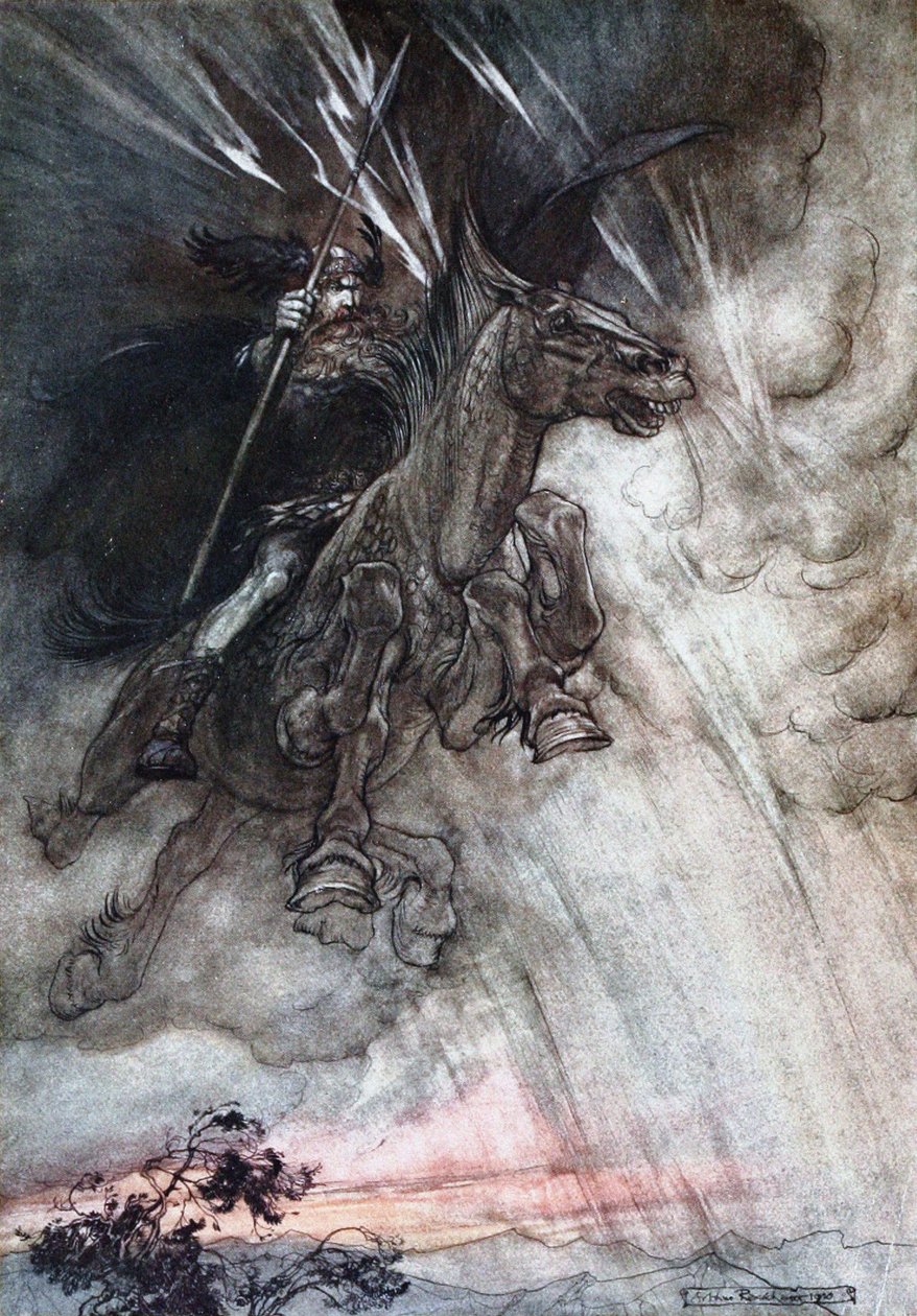 Wotan ratsastaa raivoissaan kalliolle. Kuvitus Richardin teoksiin The Rhinegold ja The Valkyrie tekijältä Arthur Rackham