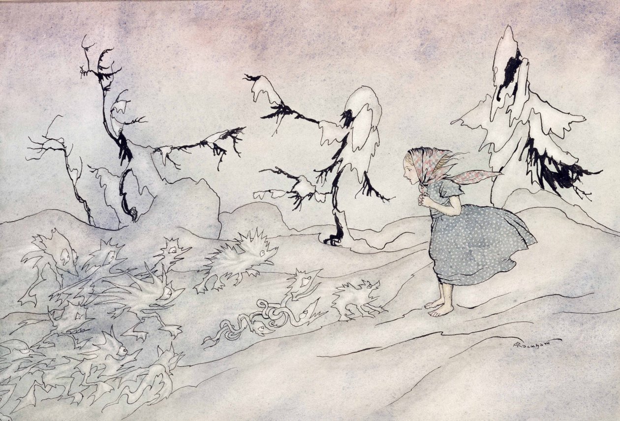 Gerda on kauhuissaan Lumikuningattaren etuvartiostosta, mutta hän sanoi Isämme, ja pienet kirkkaat enkelit pelastivat hänet, kuvitus Hans Christian Andersenin Lumikuningattaresta, julkaistu 1932 (wc & i tekijältä Arthur Rackham