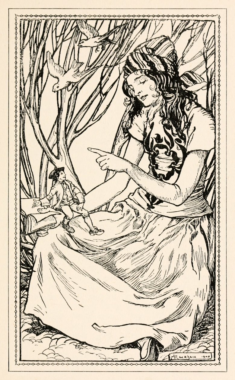 Glumdalclitch opettaa Gulliveria lukemaan Jonathan Swiftin teoksen Gulliversin matkat osasta II: Matka Brobdingnagiin. tekijältä Arthur Rackham