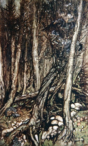 Tontut, kuvitus paroni Friedrich de la Motte Fouquen (1777-1843) kirjasta "Undine" 1909 (litho) tekijältä Arthur Rackham