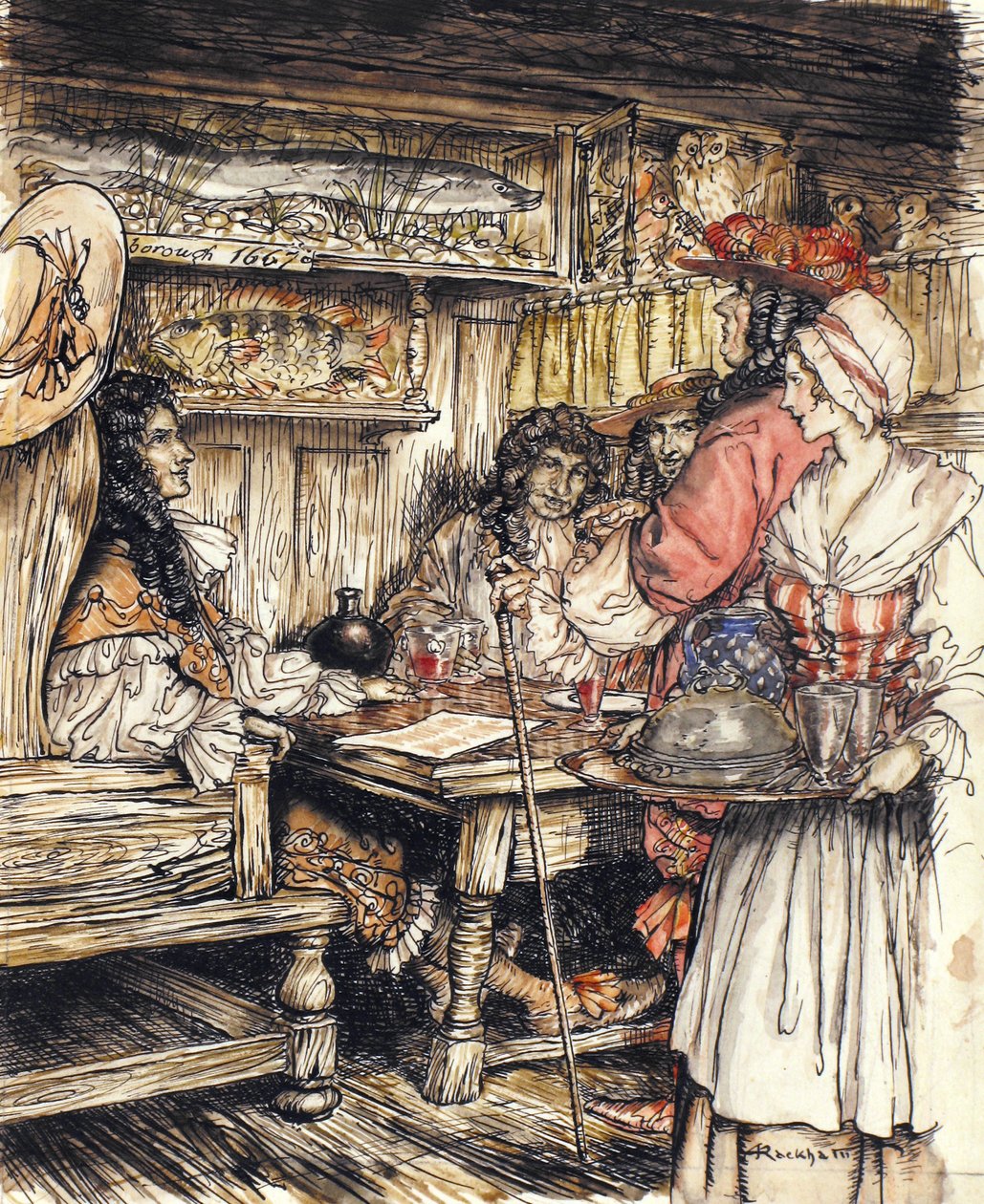 Mene katsomaan yhdessä King Streetin kahviloista Westminsterissä, kuvitus Isaac Waltonin teoksesta The Compleat Angler, 1931 (kynä ja muste ja akvarelli paperille) tekijältä Arthur Rackham