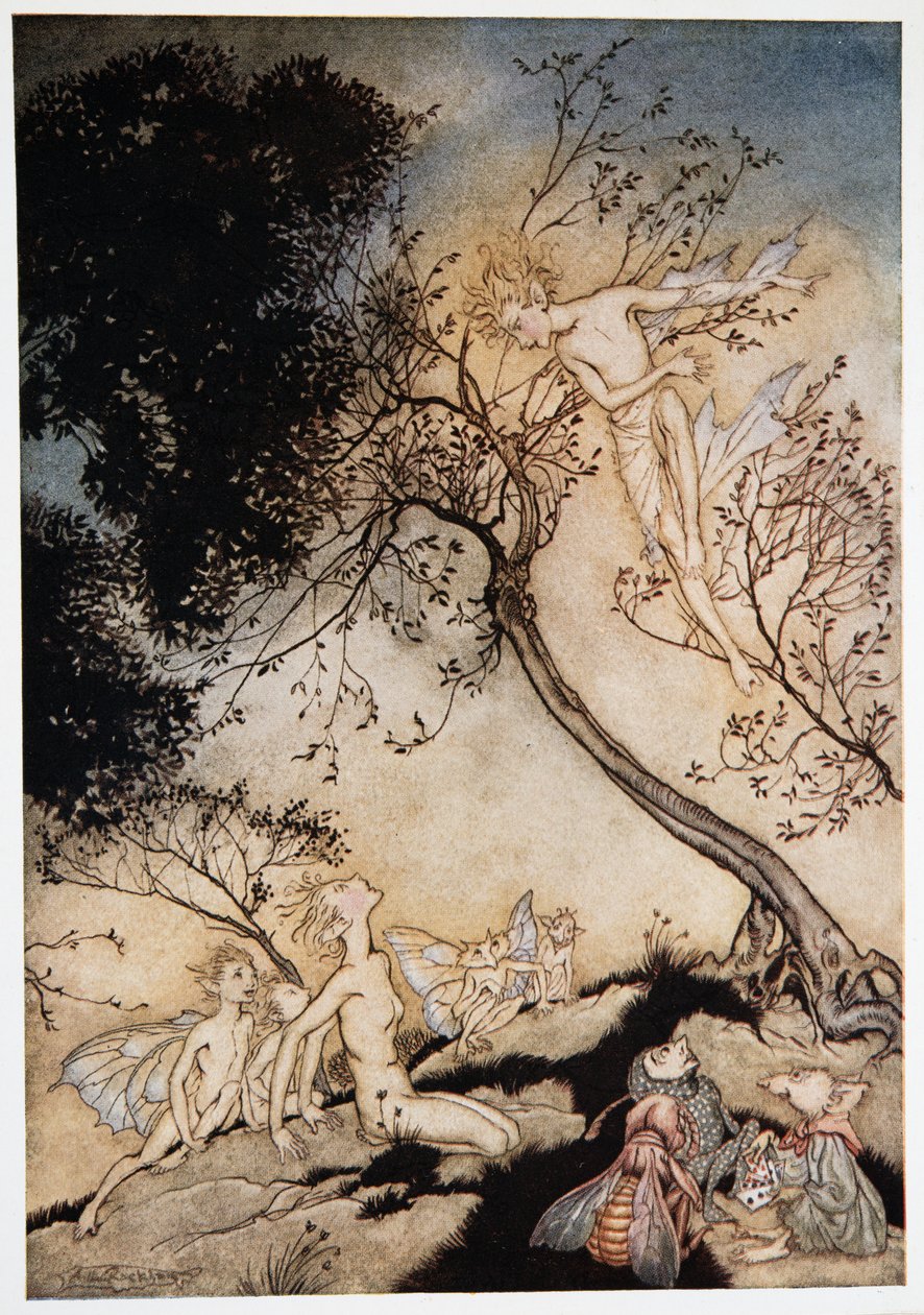 Mene tuomaan väkijoukko, jonka minä annan sinulle vallan, tänne tähän paikkaan, Etukuva William Shakespearesin teoksesta Myrsky, pub. 1926 tekijältä Arthur Rackham