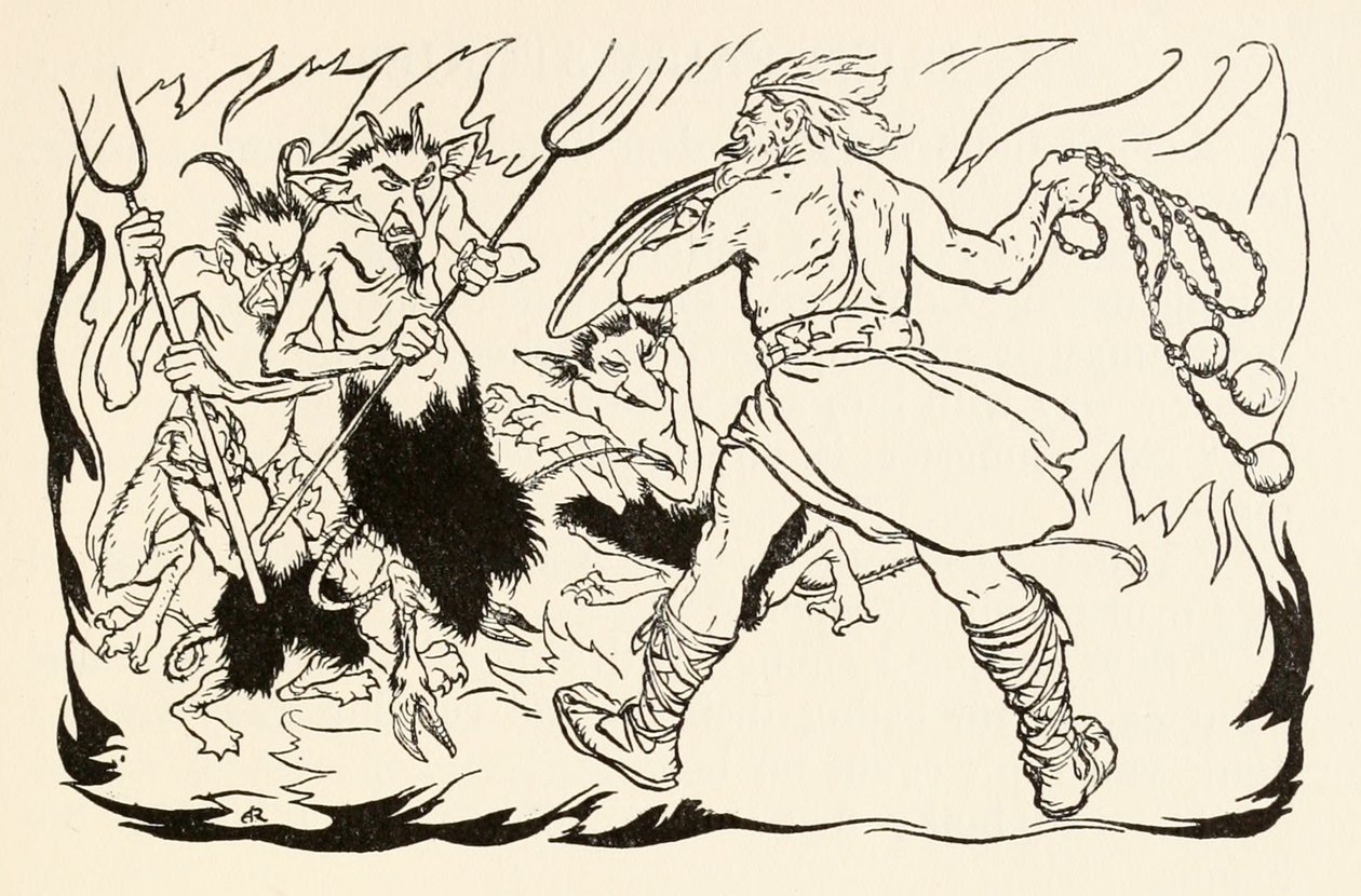 Goll mac Morna hyökkää helvettiin pelastaakseen Fionnin ja Fianna-Finnin, Irlantilaisissa saduissa olevasta teoksesta The Little Brawl at Allen. tekijältä Arthur Rackham
