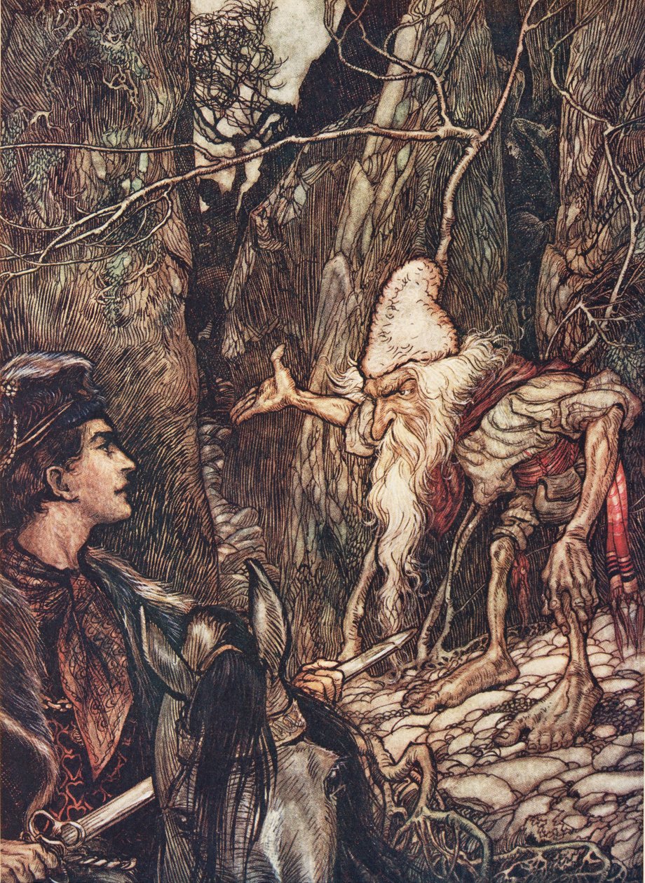 Hyvä kääpiö, etkö voi kertoa minulle, missä veljeni ovat? teoksesta Grimmin veljesten sadut, pub. 1909 tekijältä Arthur Rackham