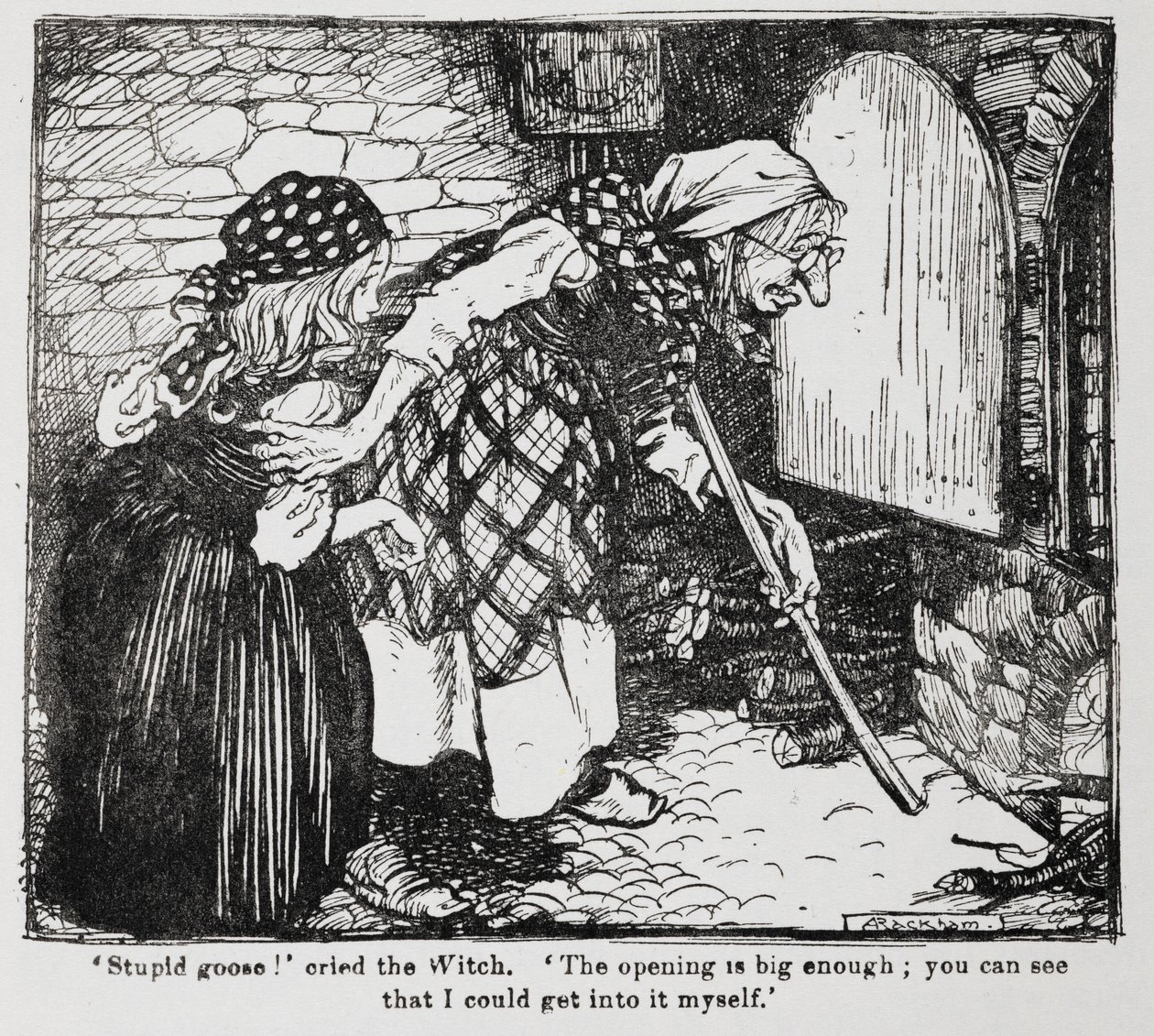 Grethel ja vanha noita uunin ääressä Hanselilta ja Gretheliltä. tekijältä Arthur Rackham