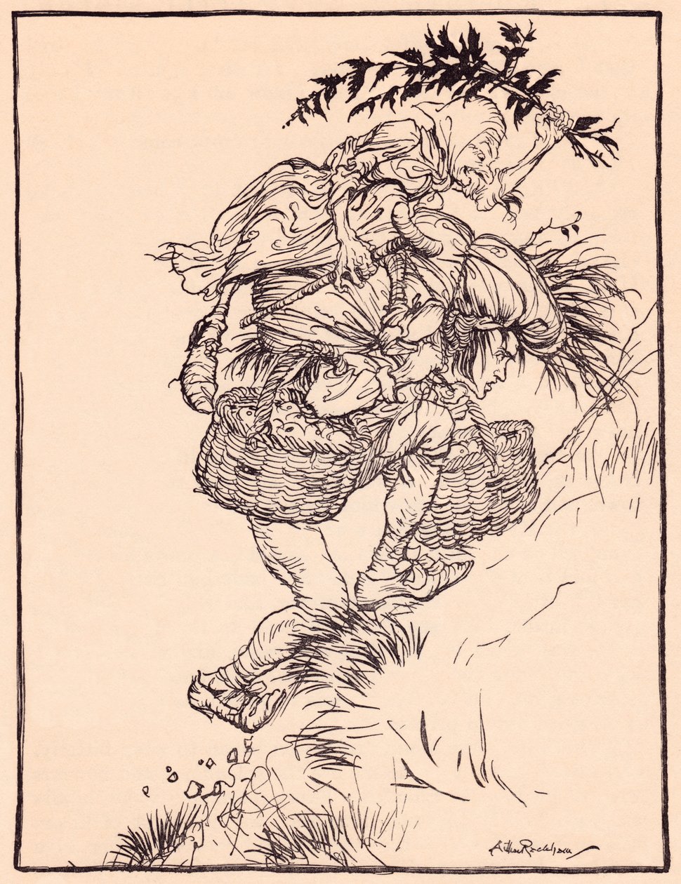 Jatkuvasti voihkien hän kiipesi vuorelle. Arthur Rackhamin kuvitus Grimmin sadusta, Hanhentyttö kaivolla. tekijältä Arthur Rackham