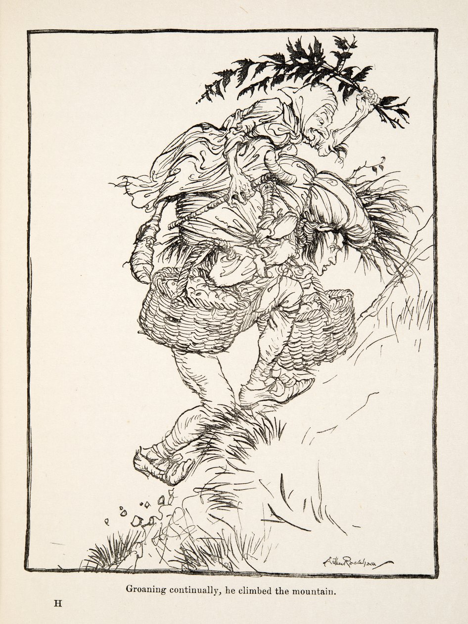 Jatkuvasti voihkien hän kiipesi vuorelle, teoksesta Pikkuveli & Pikkusisar ja Grimmin veljesten muita tarinoita, pub.1917 (litho) tekijältä Arthur Rackham