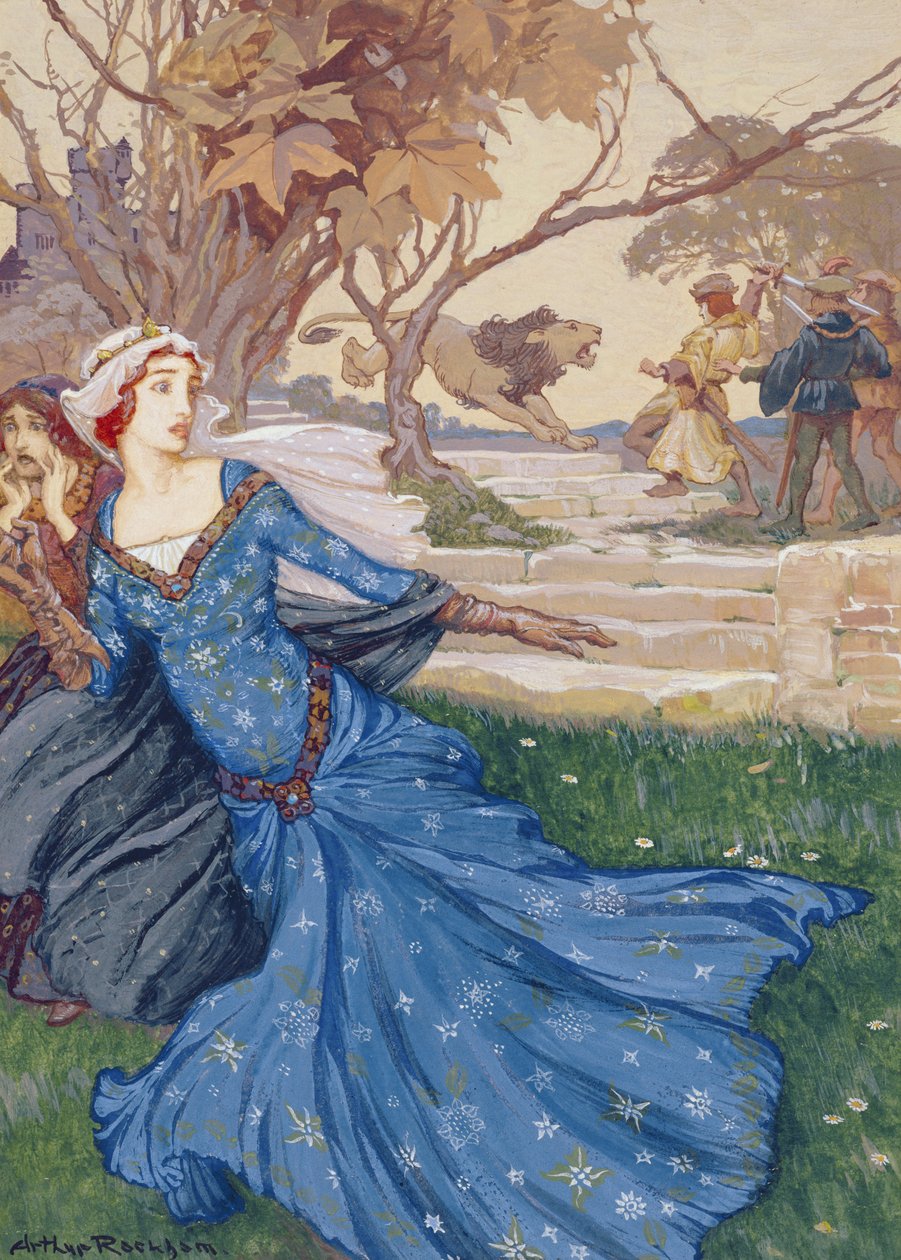 Guineveren pelastaja La Cote Male Taile, kuvitus kokoelmasta Tarinoita vanhoista satuista: Grimm, Andersen ja Stories of King Arthur, julkaistu 1905 (vartalonväri paperilla) tekijältä Arthur Rackham