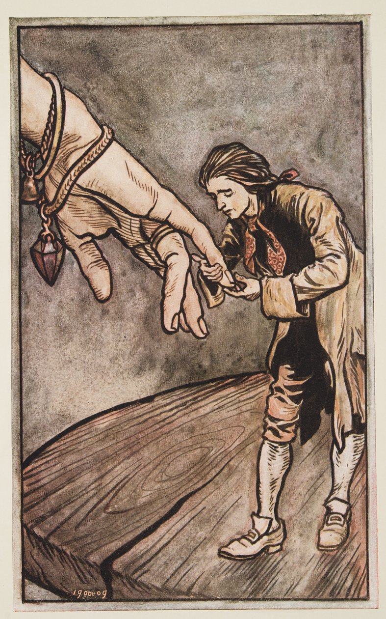 Gulliver suutelee Brobdingnagin kuningatarta kädellä, Jonathan Swiftin (1667 - 1745) teoksesta Gulliver