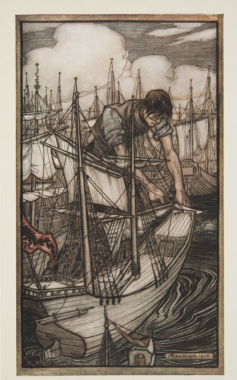 Gulliver takavarikoi vihollisen laivaston, Jonathon Swiftin (1667 - 1745) teoksesta Gullivers Travels (Gulliversin matkat), pub. 1909 tekijältä Arthur Rackham