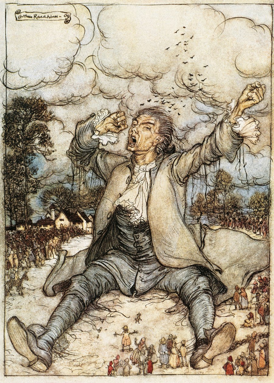 Gulliver acordando em Lilipute, Ilustração de As Viagens de Gulliver de Jonathan Swift, de Arthur Rackhamfinnish tekijältä Arthur Rackham