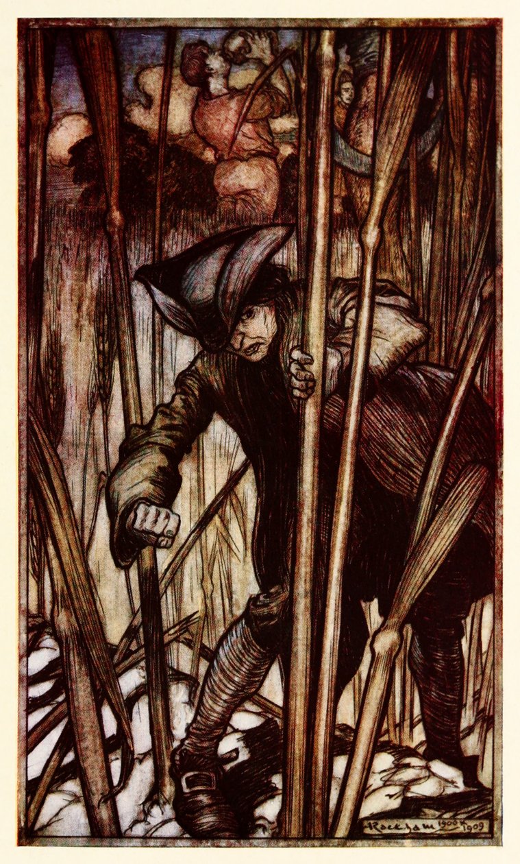 Gulliver pelästyy ensi näkemältä Brobdingnagian viikatemiehet alkaen osa II: Matka Brobdingnag in Gullivers Travels by Jonathan Swift tekijältä Arthur Rackham