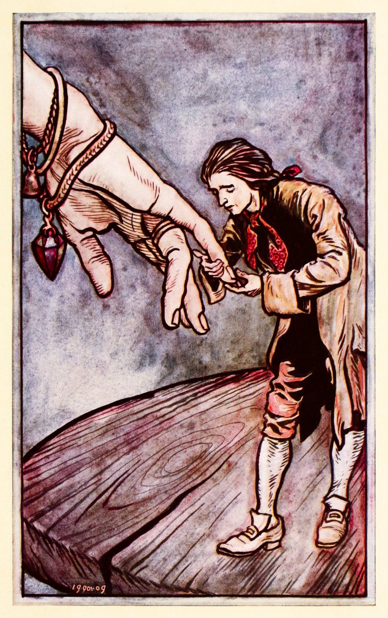 Gulliver suutelee Brobdingnagian kuningattaren kättä osa II: Matka Brobdingnagiin teoksessa Gullivers Travels by Jonathan Swift. tekijältä Arthur Rackham