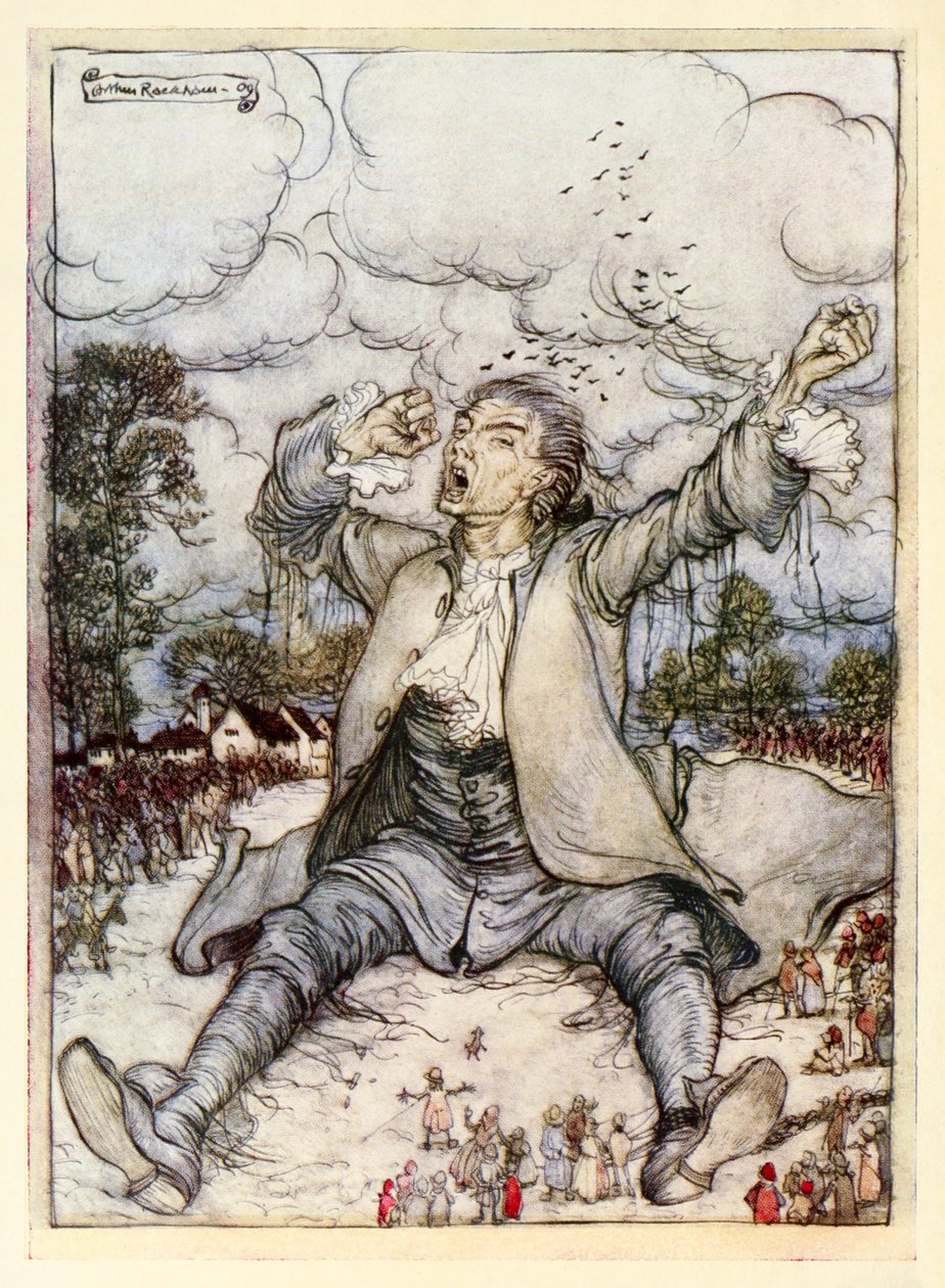 Gulliver vapautuu jousista, nousee ja venyttelee itseään Jonathan Swiftin Gulliversin matkojen I osasta: Matka Lilliputtiin. tekijältä Arthur Rackham