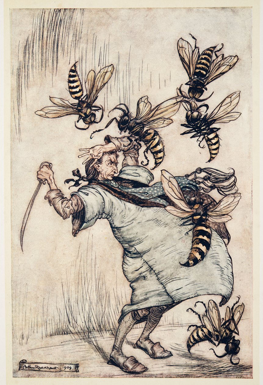 Gulliverin taistelu ampiaisten kanssa, Jonathon Swiftin (1667 - 1745) teoksesta Gulliver