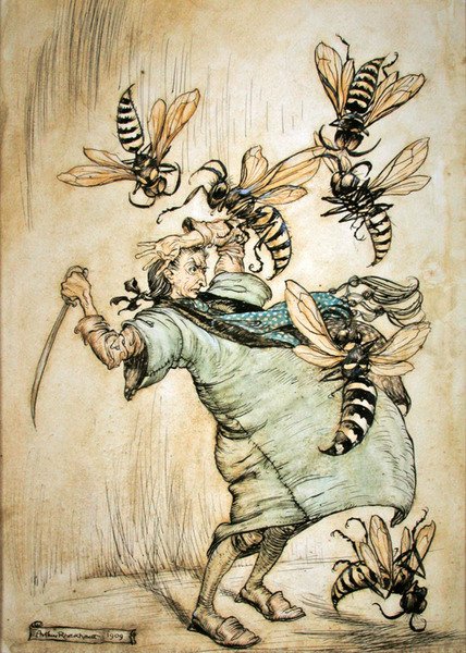 Gulliverin taistelu ampiaisia vastaan tekijältä Arthur Rackham