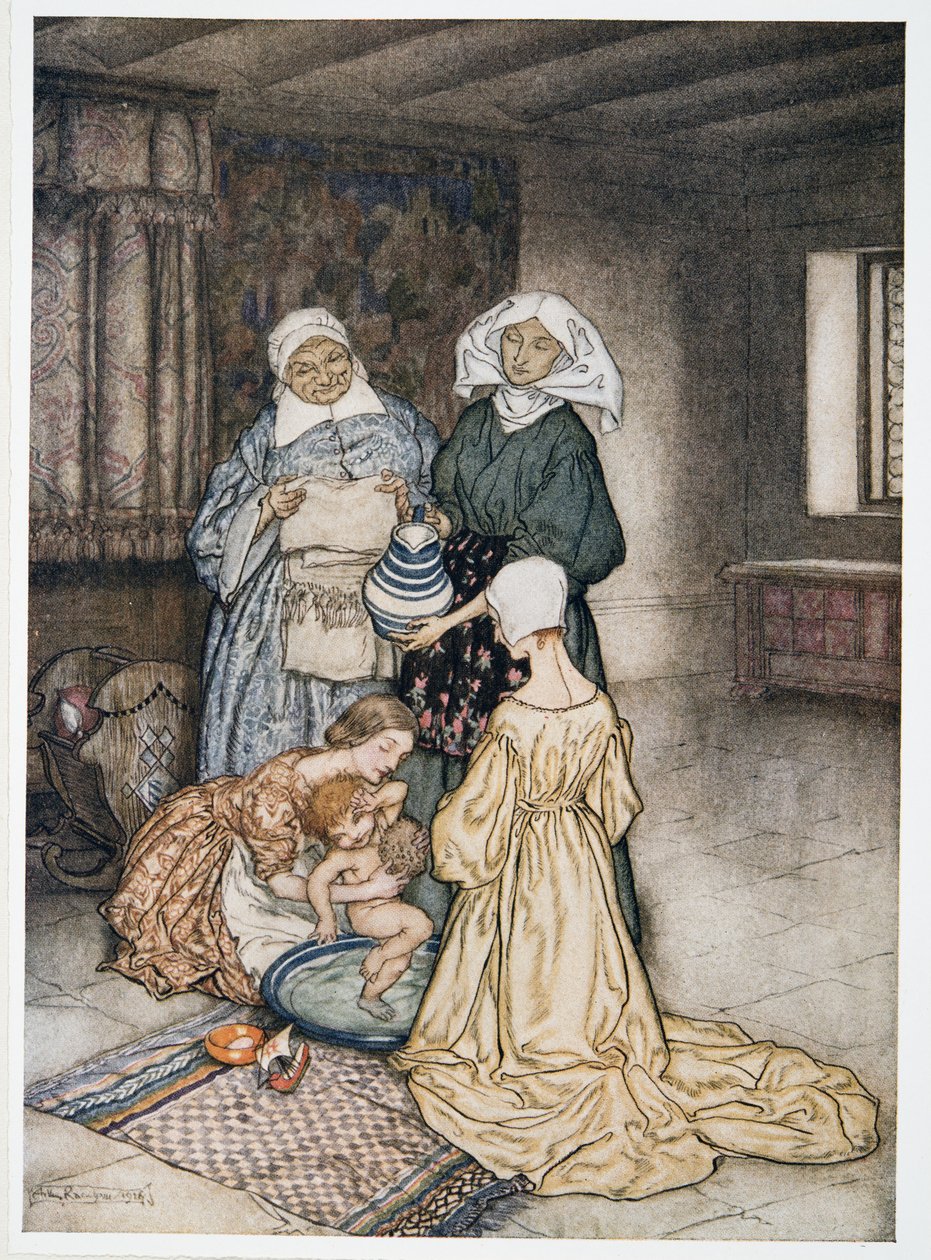 Eikö minulla ollut kerran neljä tai viisi naista, jotka hoitivat minua? kuvitus William Shakespearesin Myrsky, pub. 1926 tekijältä Arthur Rackham