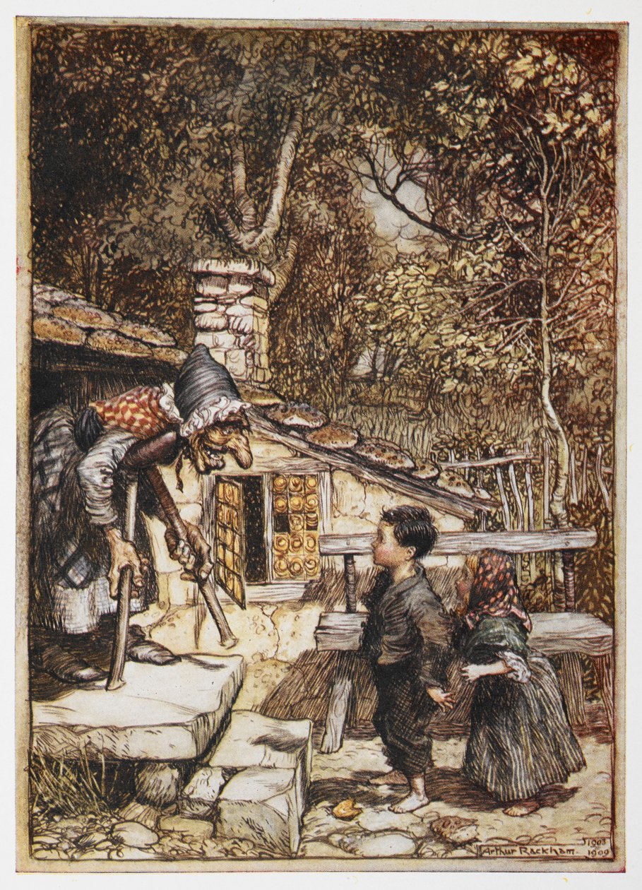 Hansel ja Grethel vanhan naisen talossa. tekijältä Arthur Rackham