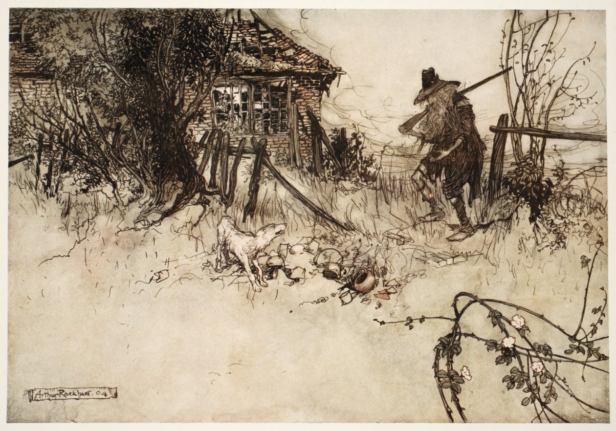 Hän löysi talon rappeutuneen? Koirani, huokaisi köyhä Rip, on unohtanut minut. Rip Van Winkle, Washington Irving, pubi. 1910 tekijältä Arthur Rackham