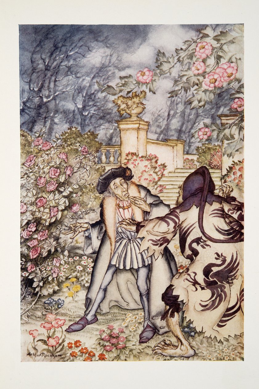 Hän kuuli kovaa ääntä ja näki lähestyvän pedon, joka oli niin pelottavaa katsoa, että hän oli valmis pyörtymään pelosta, pubista The Arthur Rackham Fairy Book. 1933 tekijältä Arthur Rackham