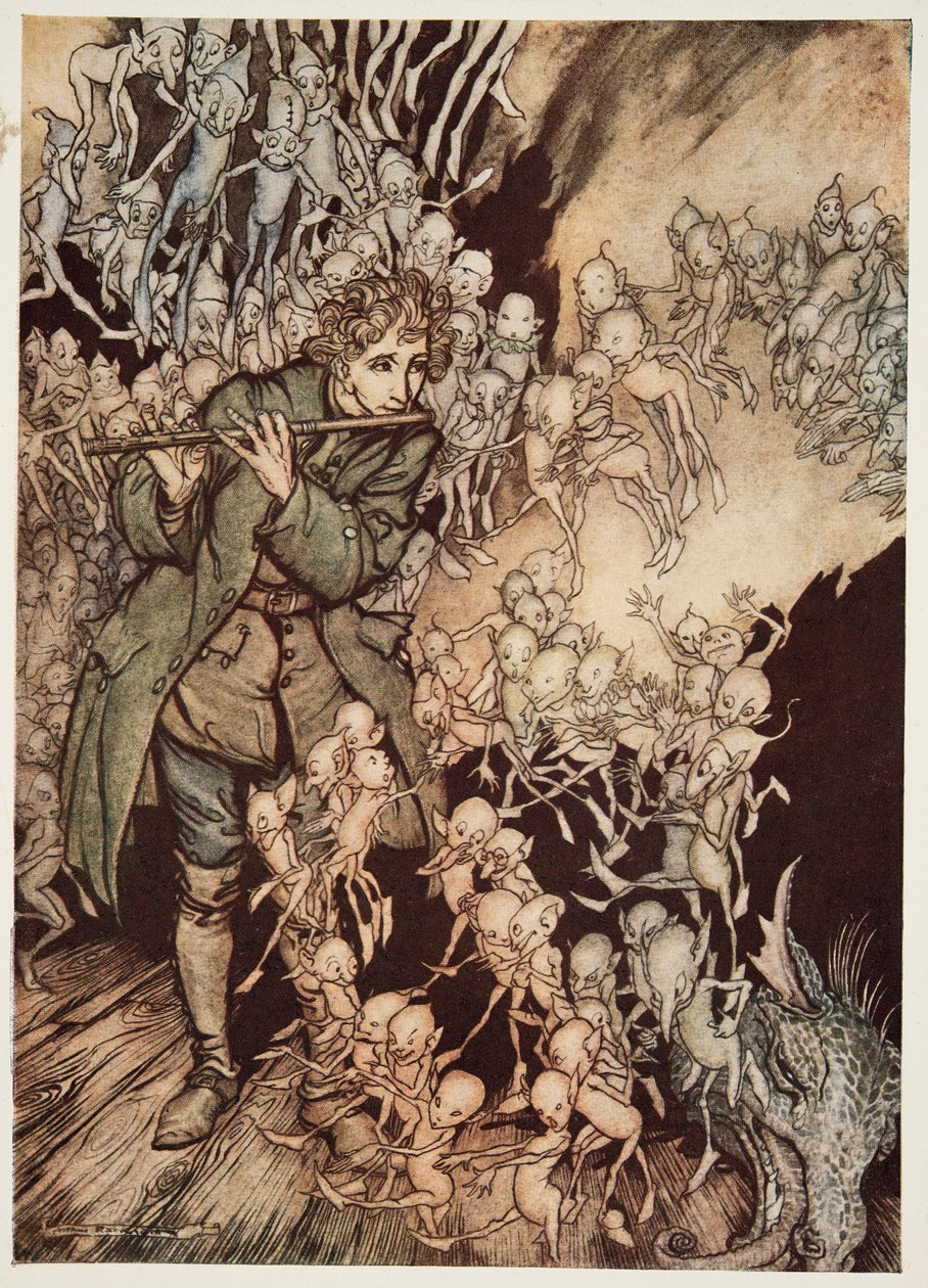 Hän soitti, kunnes huone täyttyi kokonaan menninkäisistä, teoksesta Pikkuveli ja pikkusisko ja muita Grimmin veljesten tarinoita, pub. 1917 tekijältä Arthur Rackham