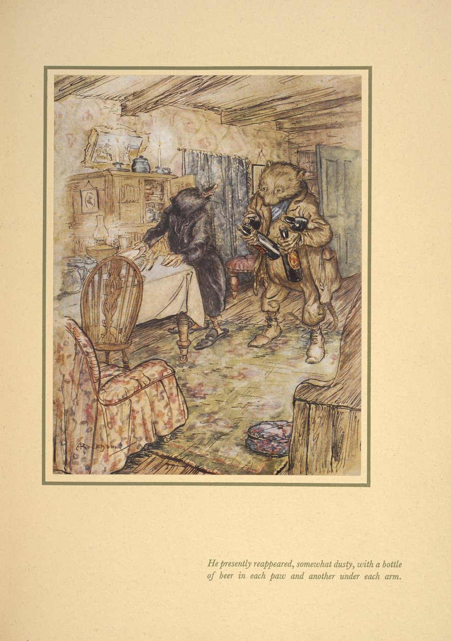 Hän ilmestyi pian uudelleen, hieman pölyisenä, pullo olutta jokaisessa oluessa kummankin käsivarren alla." tekijältä Arthur Rackham