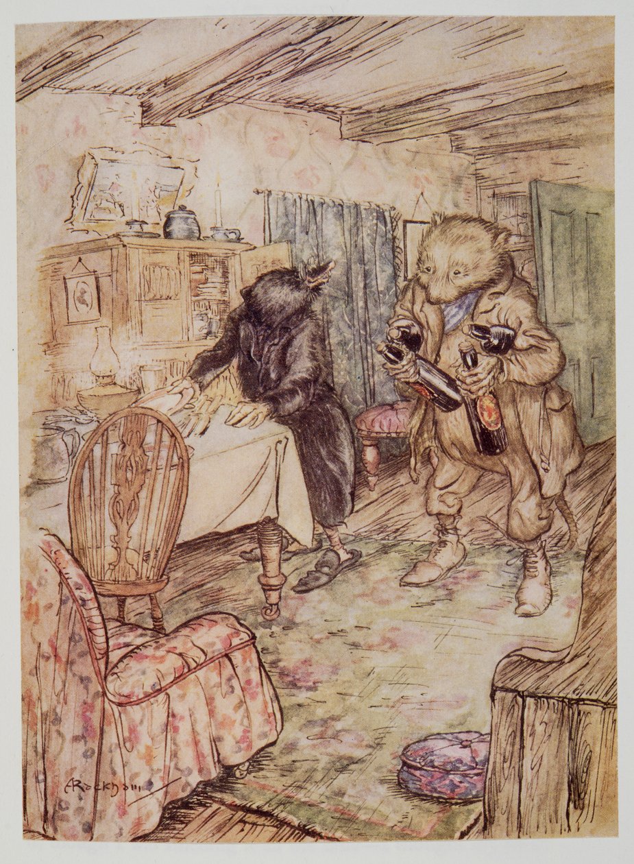 Tällä hetkellä hän ilmestyi uudelleen, hieman pölyisenä, pullo olutta kummassakin tassussa ja toinen kummankin käsivarren alla, Kenneth Grahamen (1859 - 1932) pubista Wind in the Willows. 1940 tekijältä Arthur Rackham