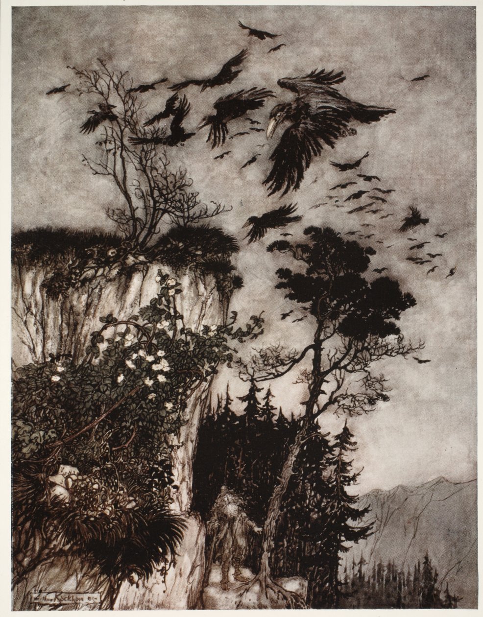 Hänelle vastasi vain joukko tyhjäkäynnillä olevia variksia. Rip Van Winkle, Washington Irving, pubi. 1910 tekijältä Arthur Rackham