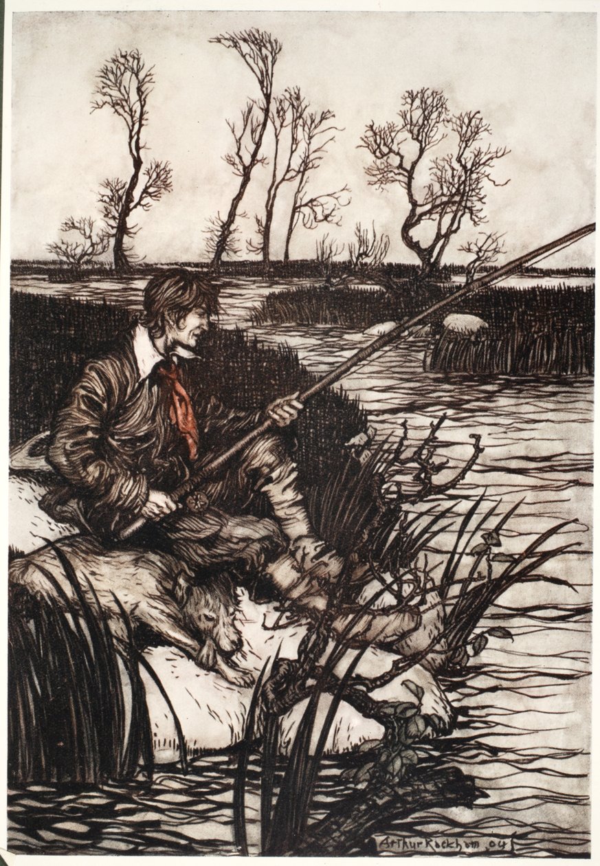 Hän istui märällä kivellä ja kalasti koko päivän. Washington Irvingin pubista Rip Van Winkle. 1910 tekijältä Arthur Rackham
