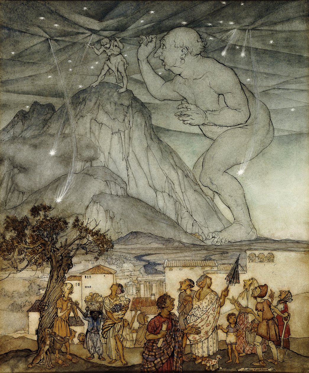 Hercules tukee taivasta Atlasin sijaan, 1922 tekijältä Arthur Rackham
