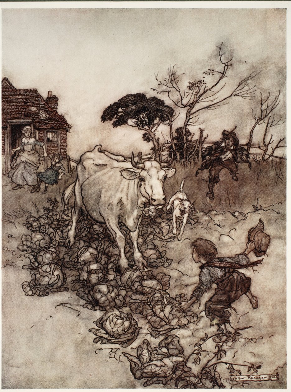 Hänen lehmänsä meni harhaan tai joutui kaalien joukkoon. Rip Van Winkle, Washington Irving, pubi. 1910 tekijältä Arthur Rackham