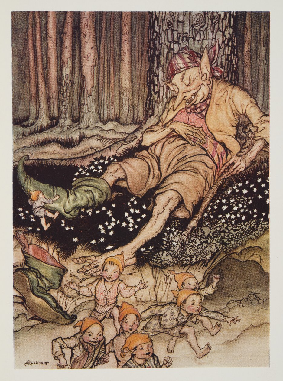 Hop-o-my-peukalo meni Ogreen pehmeästi ja veti jaloistaan seitsemän liigan saappaat The Arthur Rackham Fairy Book -pubista. 1933 tekijältä Arthur Rackham