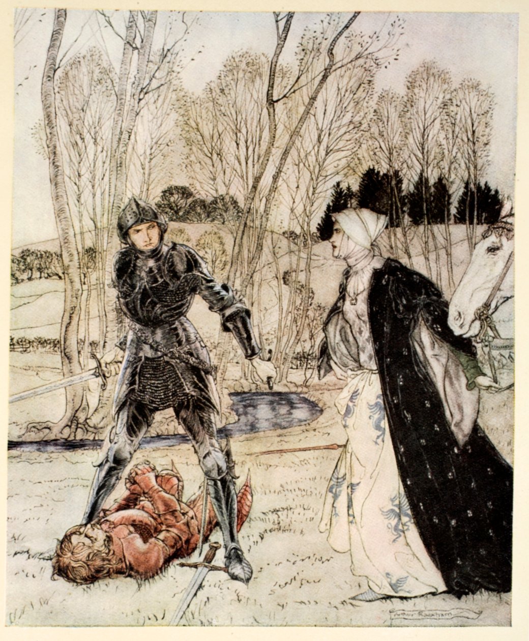 Kuinka Beaumains voitti punaisen ritarin ja tyttö puhui aina hänelle monia rumia sanoja, esimerkki Alfred W. Pollardin teoksesta "Kuningas Arthurin ja hänen pyöreän pöydän ritariensa romanssi", 1910 tekijältä Arthur Rackham
