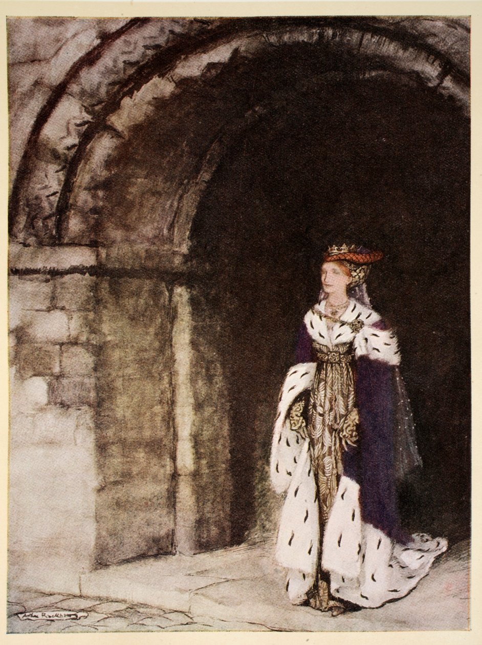 Kuinka Dame Lionesse ilmestyi puettuna kuin prinsessa, esimerkki Alfred W. Pollardin teoksesta "Kuningas Arthurin ja hänen pyöreän pöydän ritariensa romanssi", 1910 tekijältä Arthur Rackham