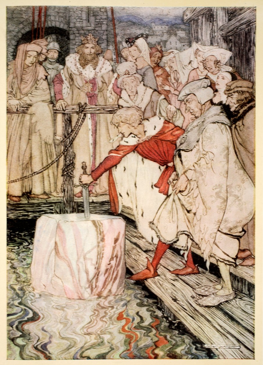 Miten Galahad veti miekan esiin Camelotin kelluvasta kivestä, esimerkki Alfred W. Pollardin teoksesta "Kuningas Arthurin ja hänen pyöreän pöydän ritariensa romanssi", 1910 tekijältä Arthur Rackham