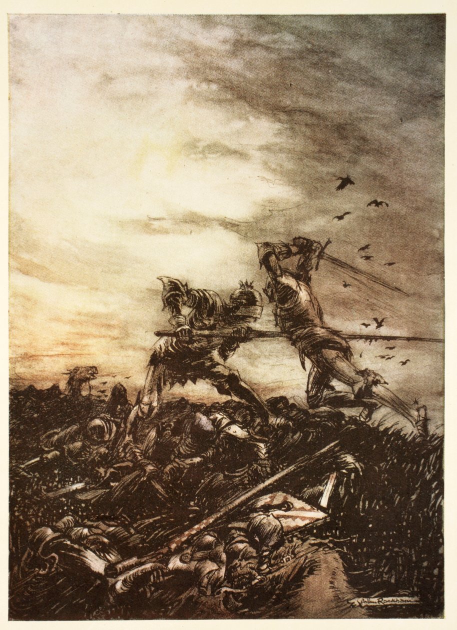 Kuinka Arthur tappoi Mordredin ja kuinka hän loukkaantui kuoliaaksi, esimerkki Alfred Pollardin teoksesta "Kuningas Arthurin ja hänen pyöreän pöydän ritariensa romanssi" tekijältä Arthur Rackham