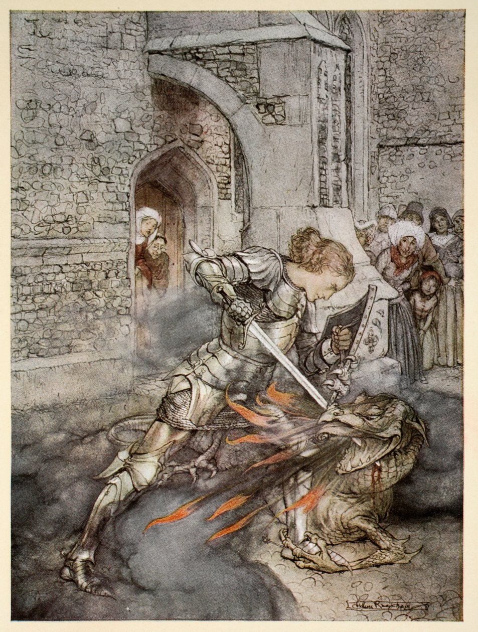 Kuinka Sir Lancelot taisteli ystävällisen lohikäärmeen kanssa, esimerkki Alfred W. Pollardin teoksesta "Kuningas Arthurin ja hänen pyöreän pöydän ritariensa romanssi", 1910 tekijältä Arthur Rackham