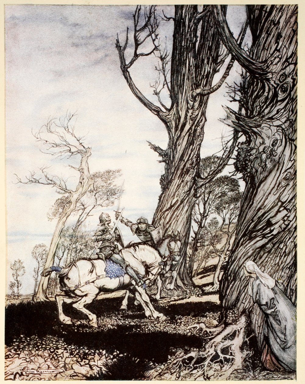 Kuinka Sir Launcelot tappoi ritari Sir Peris de Forest Savagen, joka aiheutti naisten, damoselien ja herrasnaisten ahdistusta, esimerkki A:n "Kuningas Arthurin ja hänen pyöreän pöydän ritariensa romanssista" tekijältä Arthur Rackham