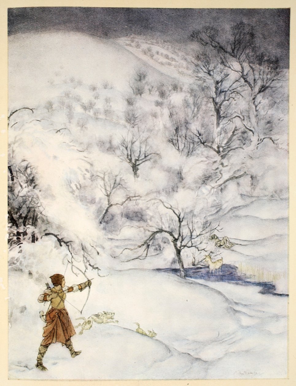 Kuinka herrasnainen ampui Sir Launcelotin metsästämässä, kuvitus Alfred W. Pollardin teoksesta "Kuningas Arthurin ja hänen pyöreän pöydän ritariensa romanssi", 1910 tekijältä Arthur Rackham