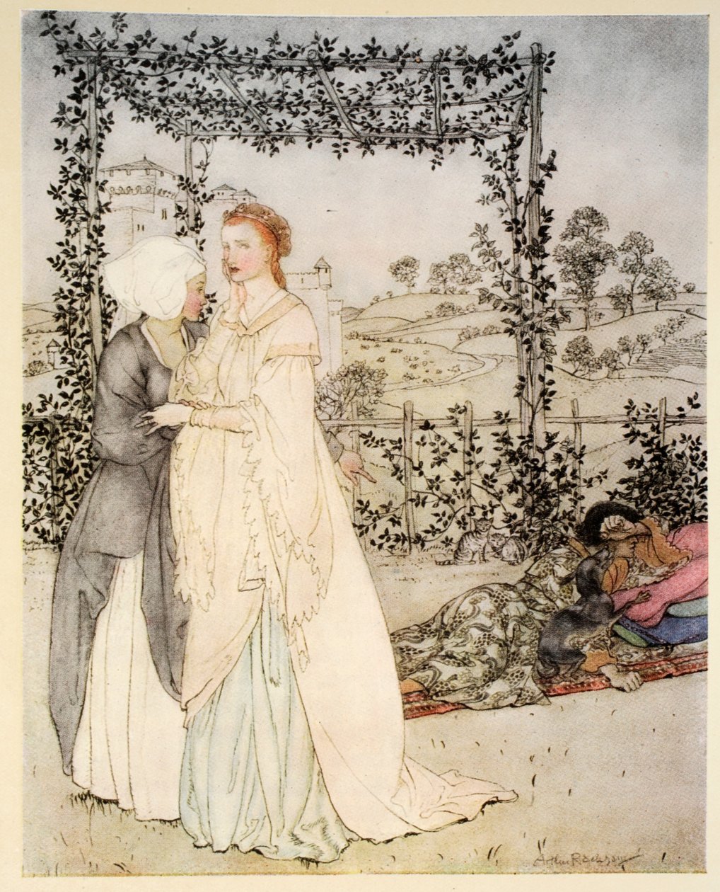Kuinka Tristram tunnettiin pienestä brachetista kuningas Markin linnan puutarhassa, kuvitus Alfred W. Pollardin teoksesta "Kuningas Arthurin ja hänen pyöreän pöydän ritariensa romanssi", 1910 (väri l) tekijältä Arthur Rackham
