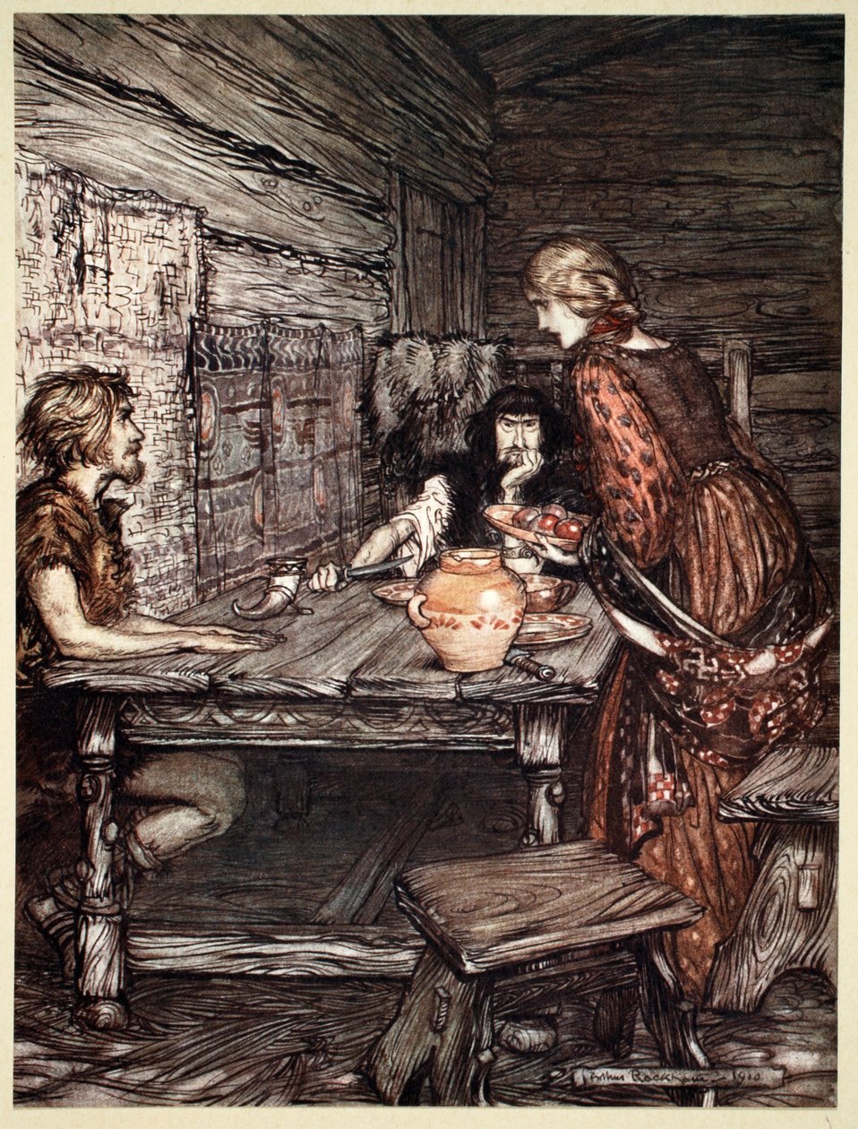 "Hunding löytää samankaltaisuuden Siegmundin ja Sieglunden välillä", 1910. tekijältä Arthur Rackham