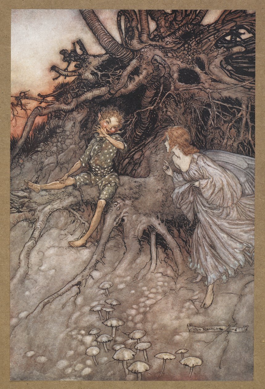 Olen se iloinen yön kulkija. Kohtaus Kesäyön unelmasta. tekijältä Arthur Rackham