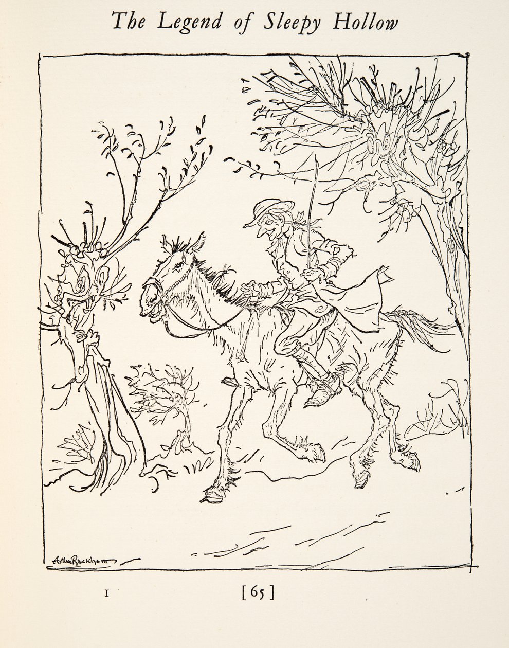 Ichabod Crane pakenee päätöntä ratsumiestä, Washngton Irvingin (1783 - 1859) teoksesta The Legend of Sleepy Hollow (Unisen kolkan tarina), kust. 1928 tekijältä Arthur Rackham