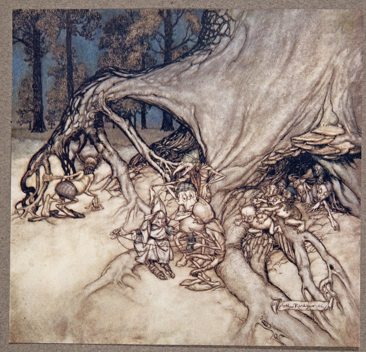 Jos keijujen joukossa olevat pahat sattuvat olemaan ulkona, Peter Panista Kensington Gardensissa, kirjoittanut J M Barrie (1860 - 1937), pub. 1906 tekijältä Arthur Rackham