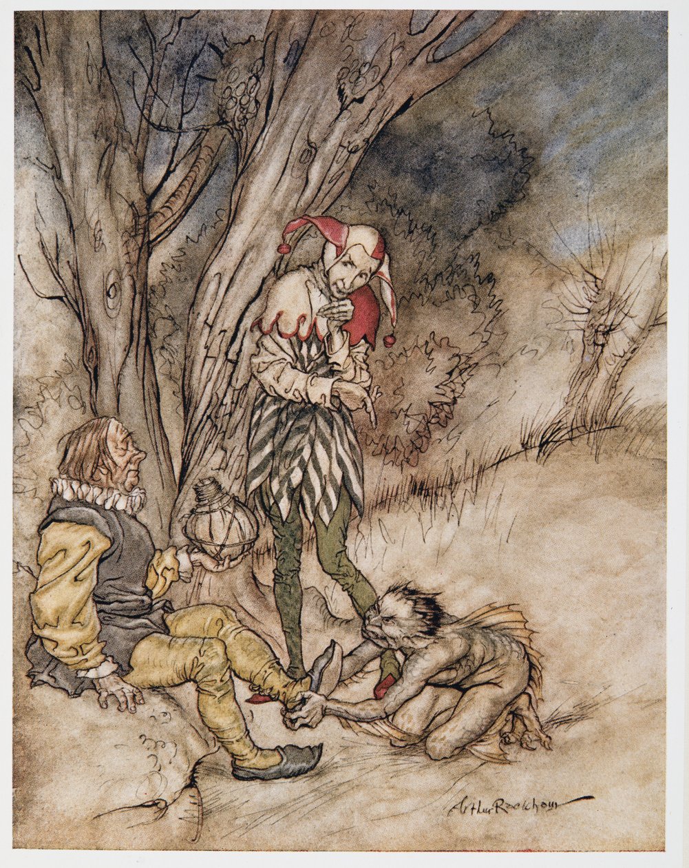 Suutelen heidän jalkaansa: Ill swear myself your subject, kuvitus William Shakespearen Myrsky, pub. 1926 tekijältä Arthur Rackham