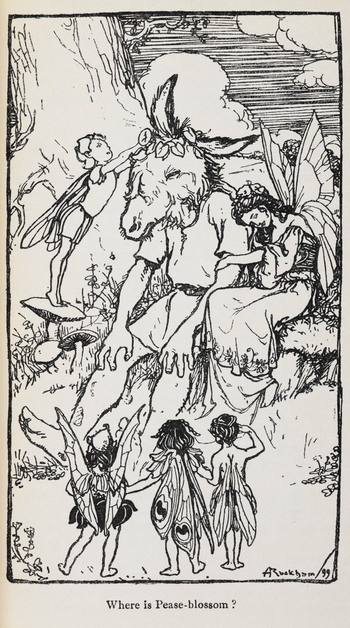 Kuvitus Kesäyön unesta, jossa on keijuja ja mies, jolla on persepää. tekijältä Arthur Rackham