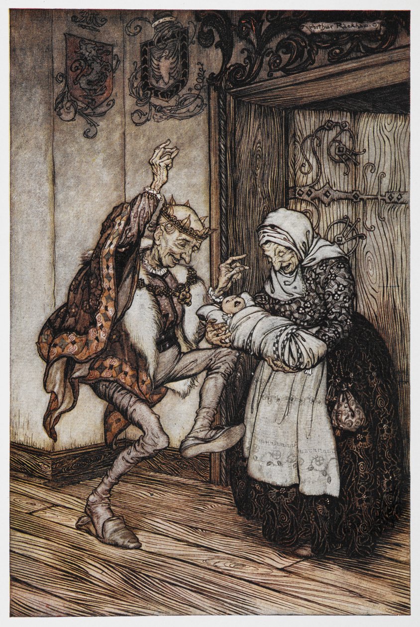Briar Rosen kuvitus iäkkäästä kuninkaasta ja kuningattaresta ja heidän vauvastaan. tekijältä Arthur Rackham